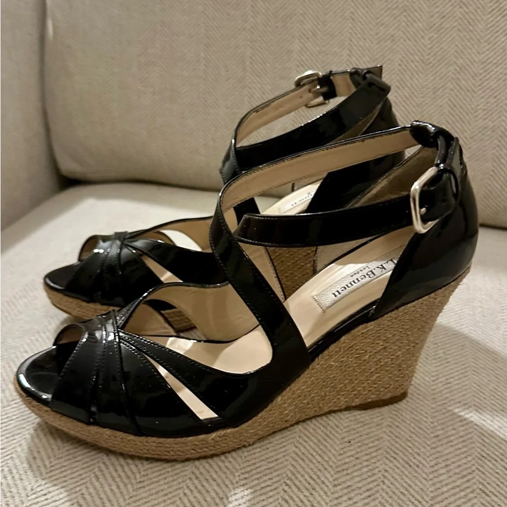LK Bennett Black Patent Espadrille Wedges 39.5